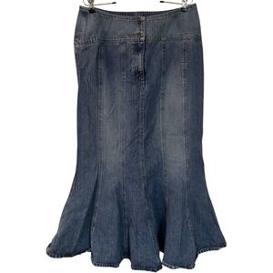 Vtg Jeanology Blue Denim Flared Ruffle Hem Midi Skirt Boho Mermaid Cowgirl 14W